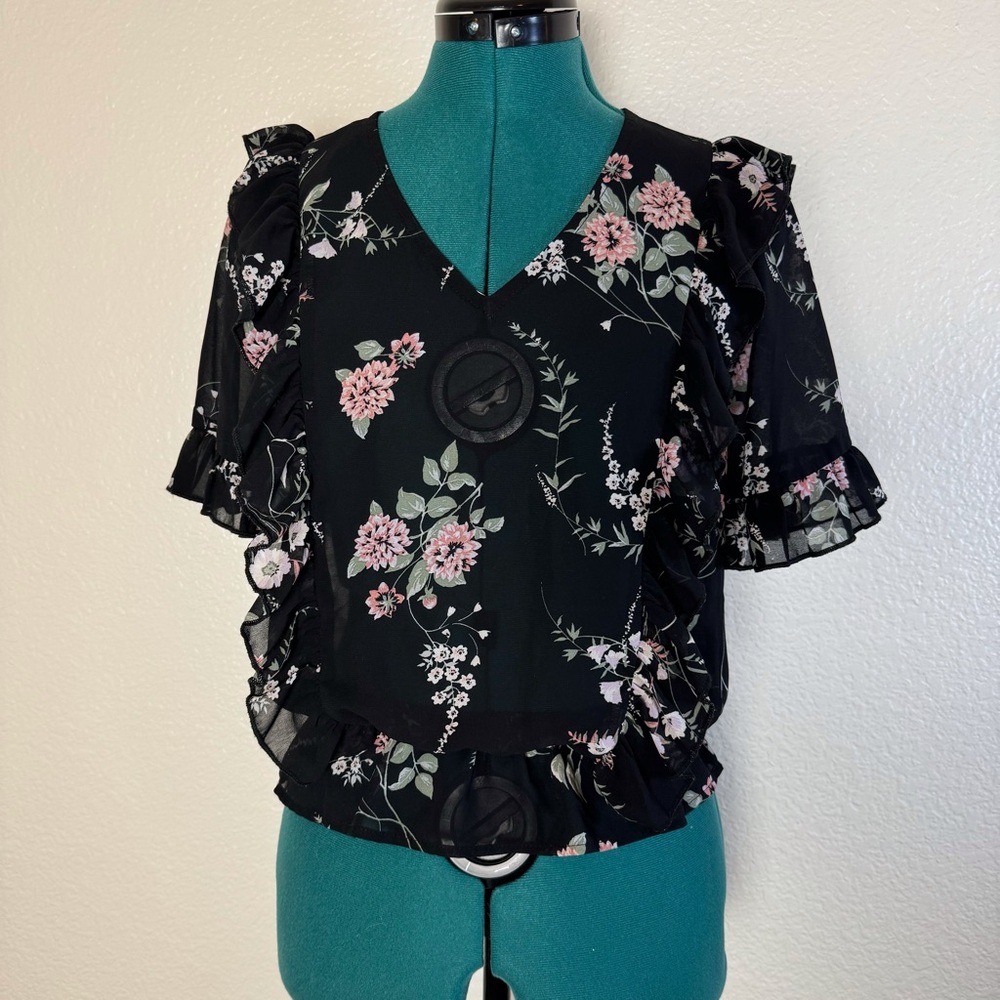 Womens Sheer Black floral blouse with peplum and ruffles Sz S